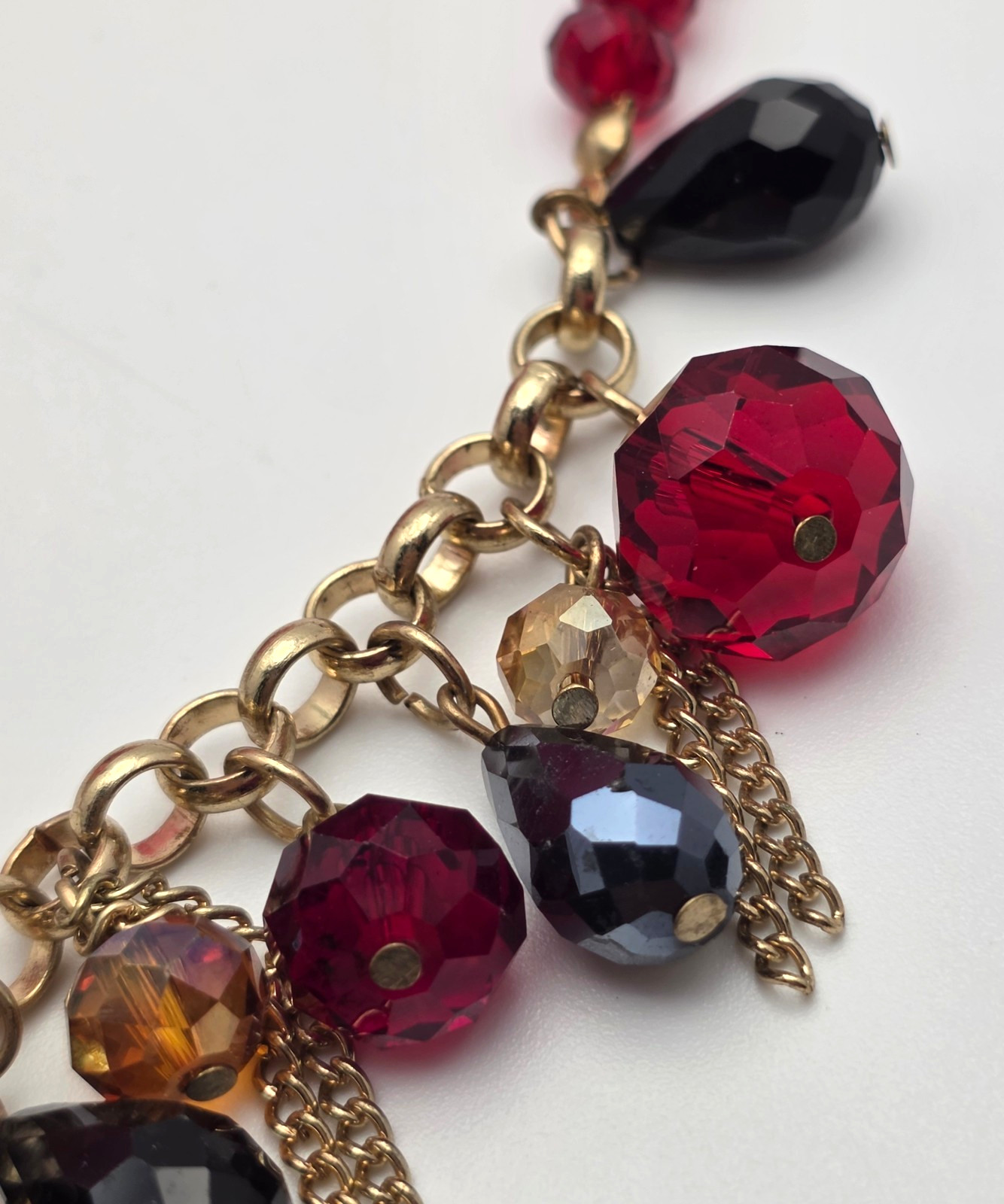 Vintage Red Black Crystal Fringe Necklace Gold Tone Faceted Bead Bib 20 In