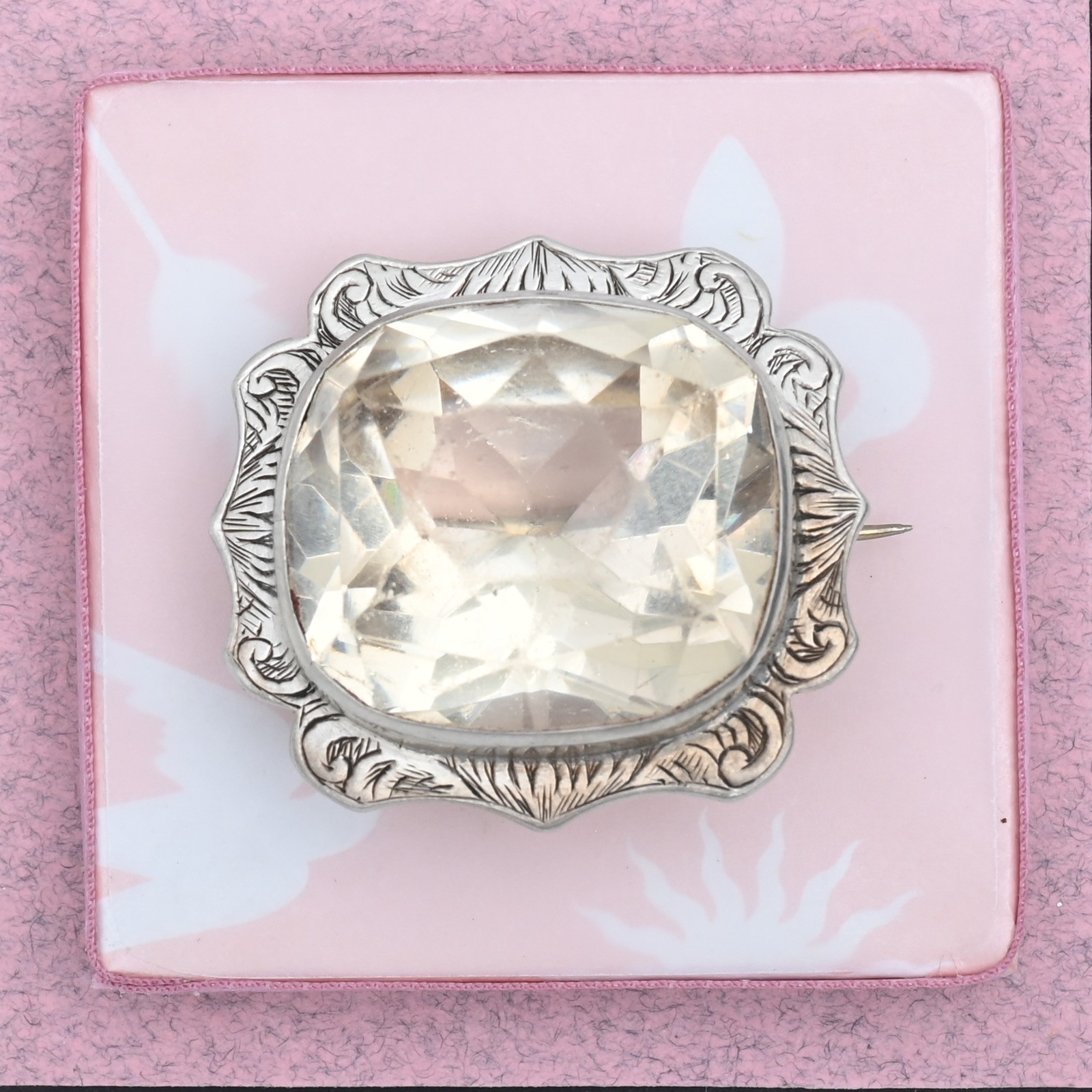 Antique Victorian Natural Rock Crystal Cushion Cut Sterling Silver Brooch Pin