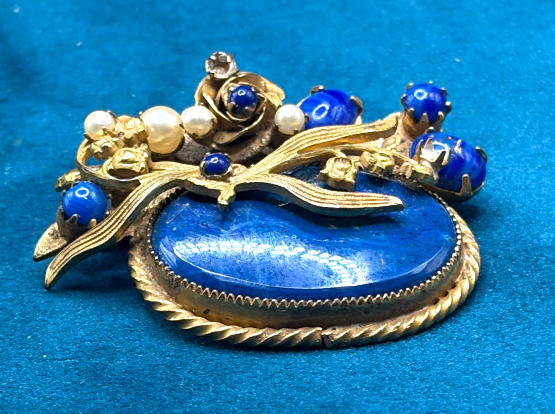 VTG Original by Robert Brooch Pendant Blue Glass Faux Pearl Ornate Gold Tone