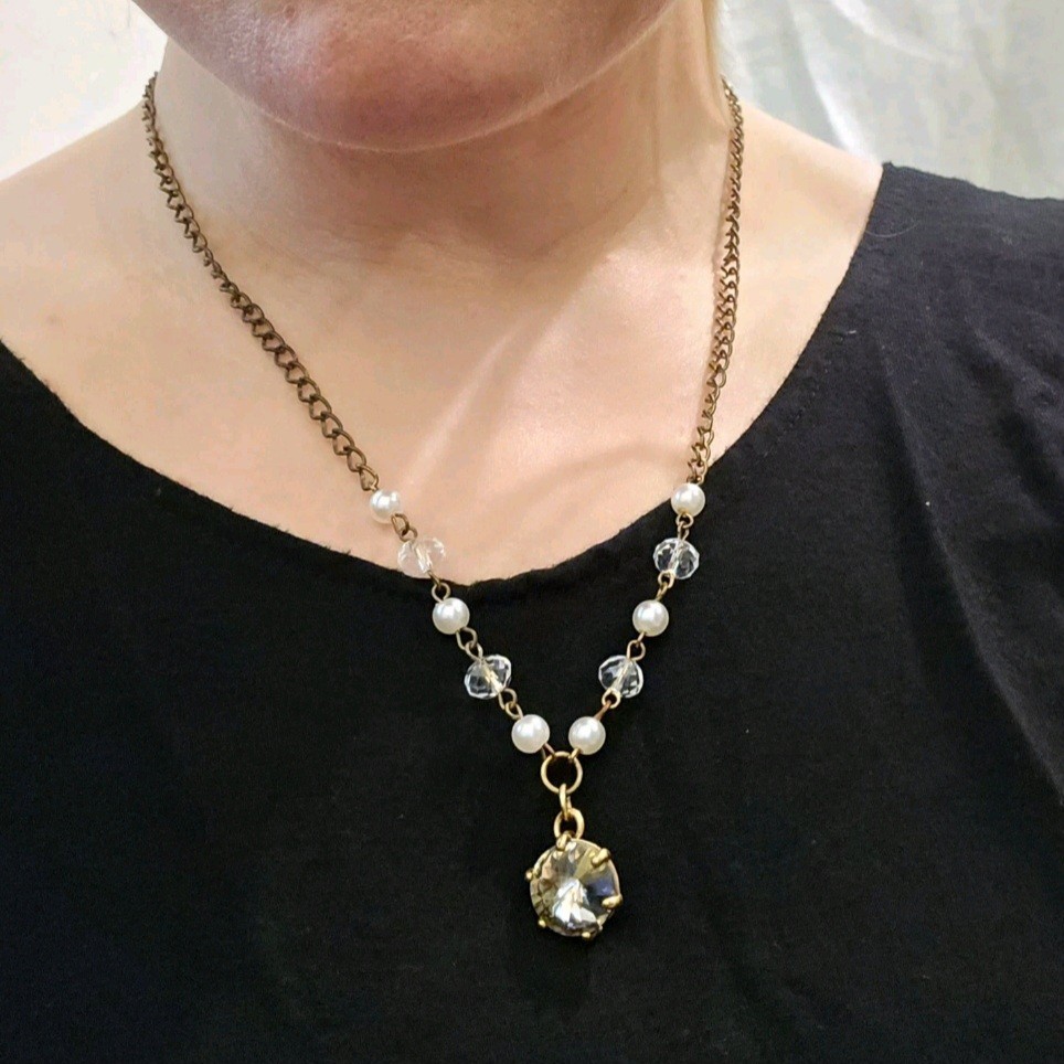 Crystal Rosary Chain Necklace Brass Tone Victorian Rhinestone McBling Y2k 8