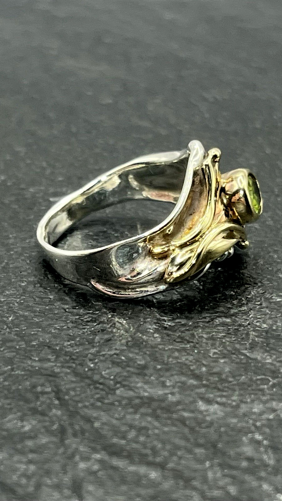 Vintage Art Nouveau Style Peridot Sterling Silver and 14K YG Vermeil Ring Size 8