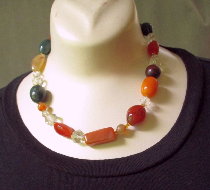 Vtg Scottish Chunky Bead Necklace Natural Agate Carnelian Quartz Crystal Boho
