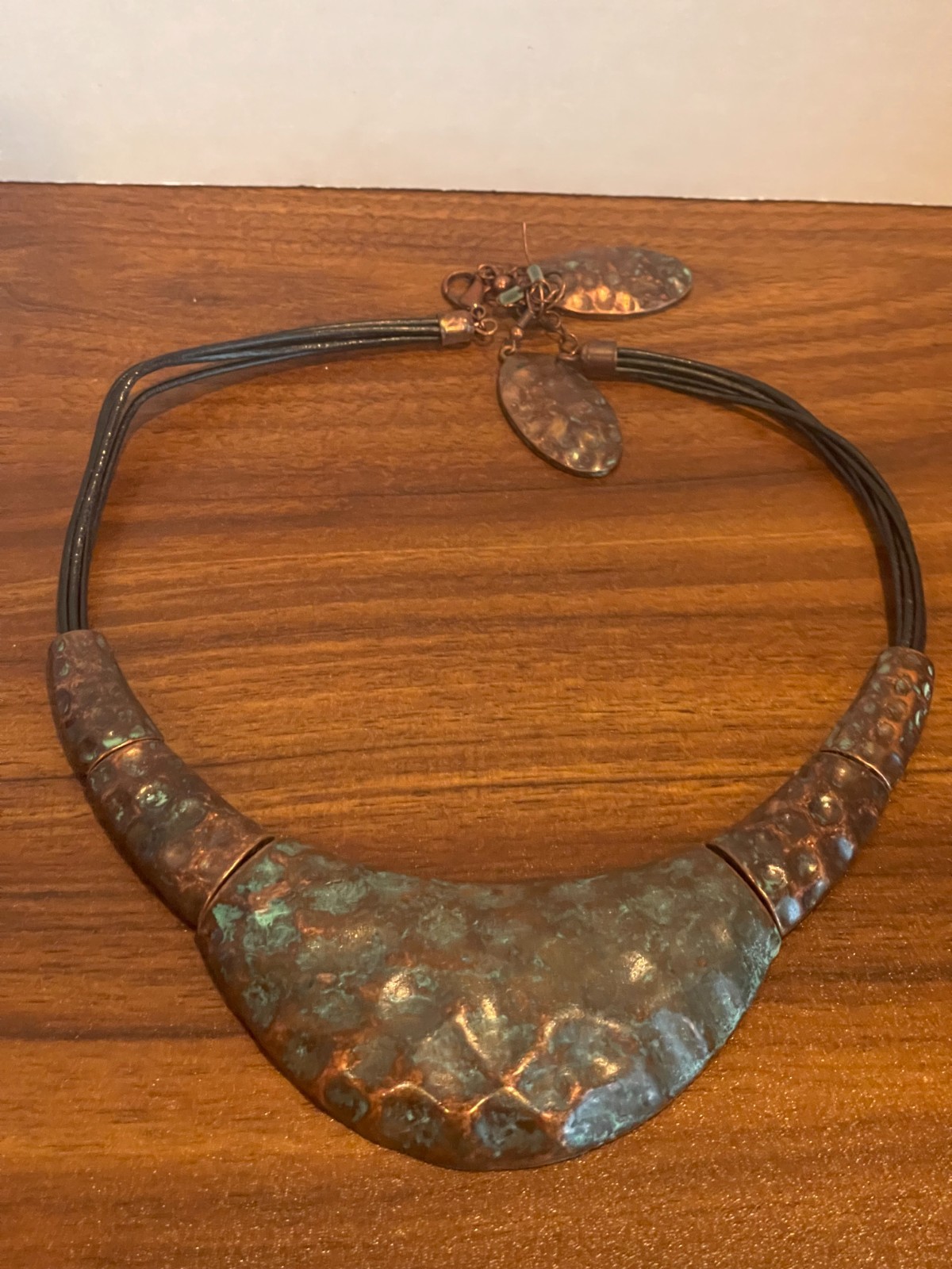 Brutalist Boho Verdigris Patina Chunky Hammered Copper Necklace and Earring Set
