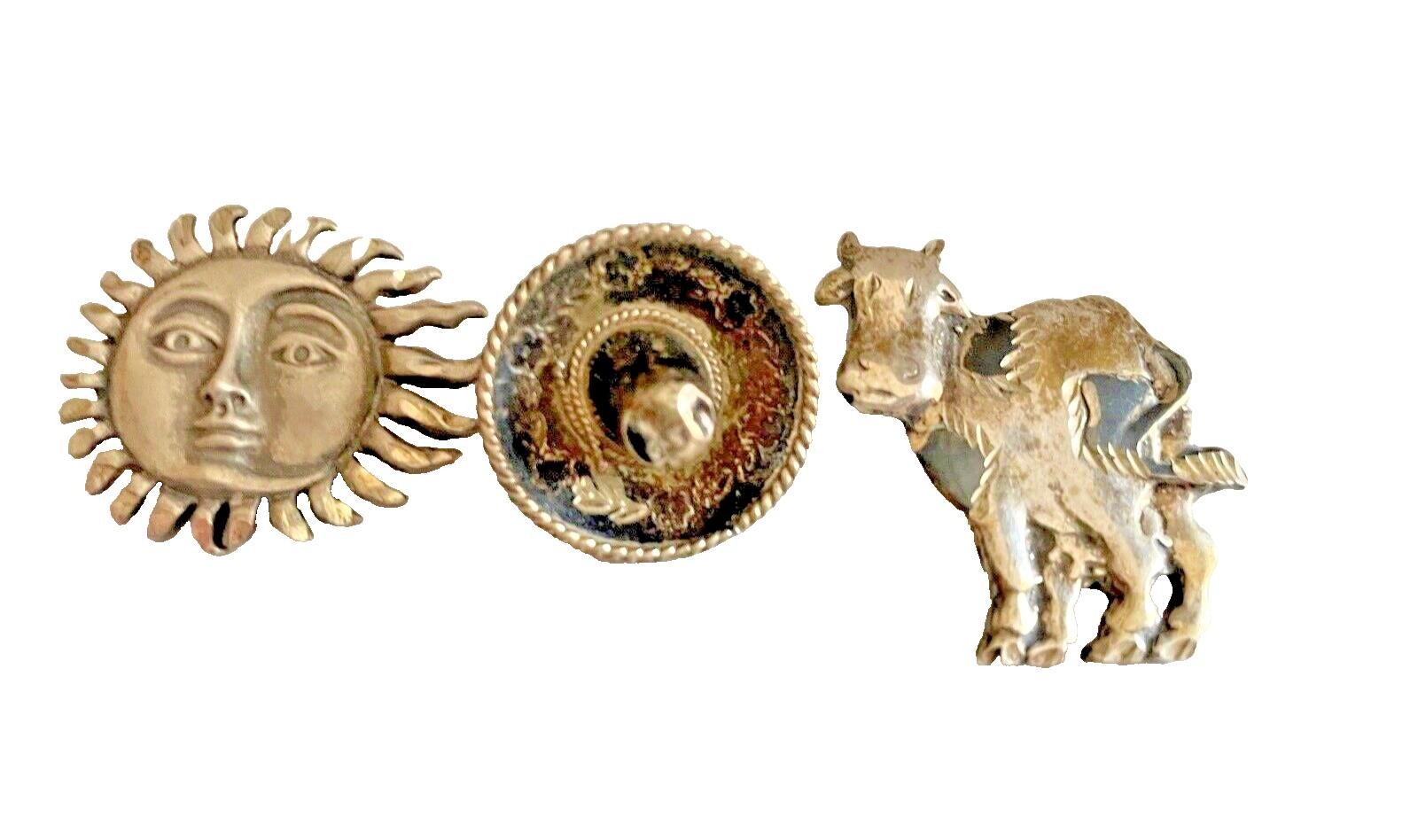 Brooch 3 Pins Pendant Sterling Silver Jewelry Cow Sombrero Sun Motif 925 Vintage