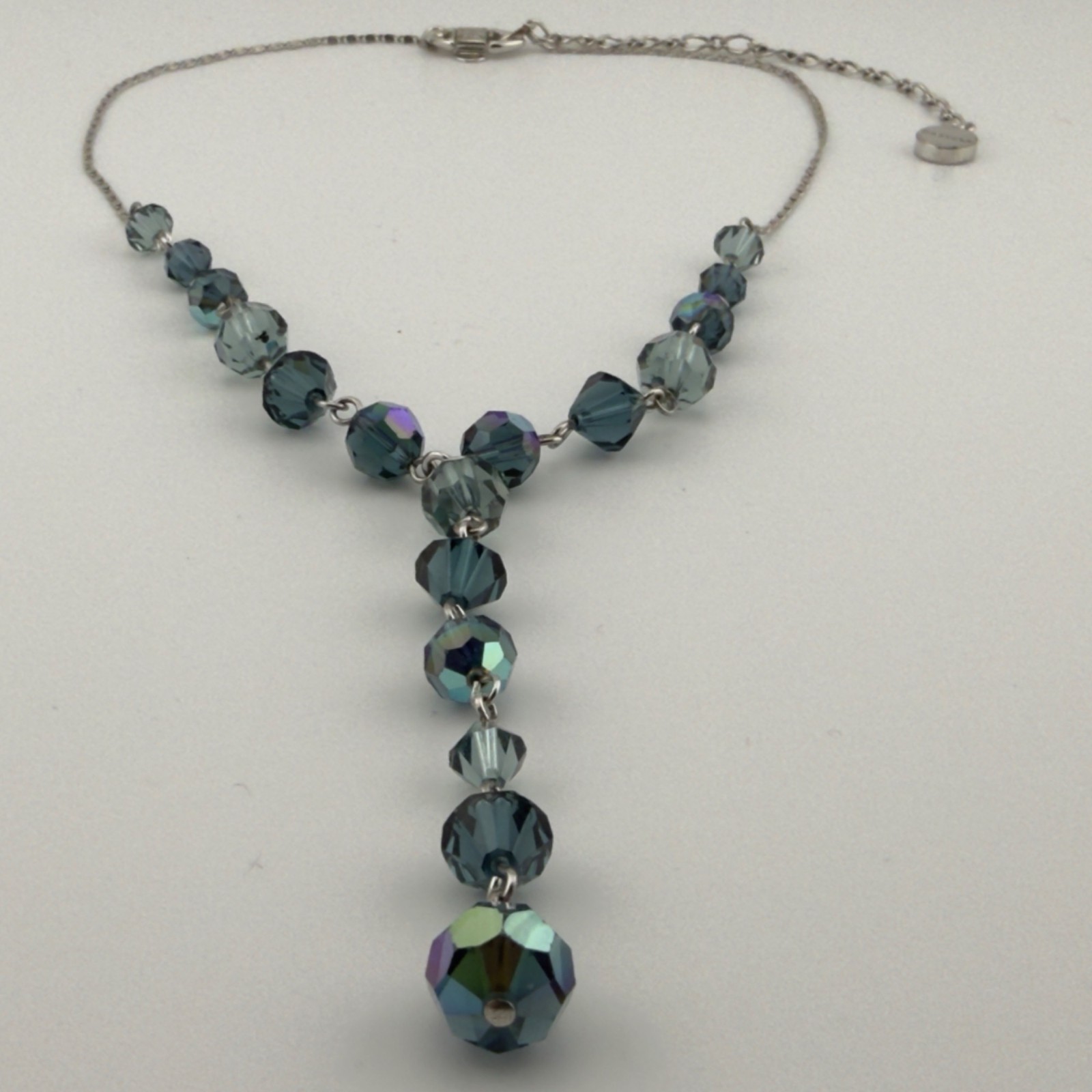 Givenchy Signed Blue Crystal Y Drop Necklace Silver Tone Chain Lariat 18″