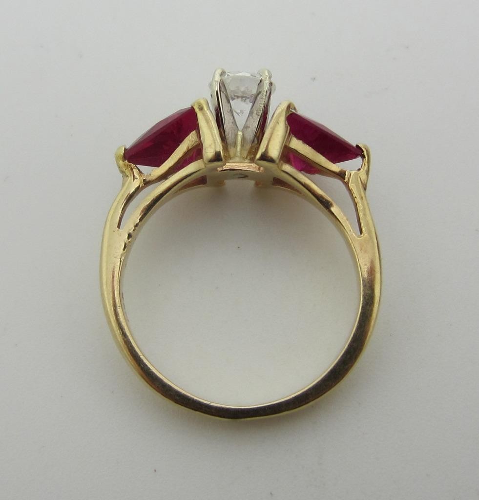 Vintage 14K Yellow Gold Natural Diamond Trillion Synthetic Ruby Ring Size 4.5