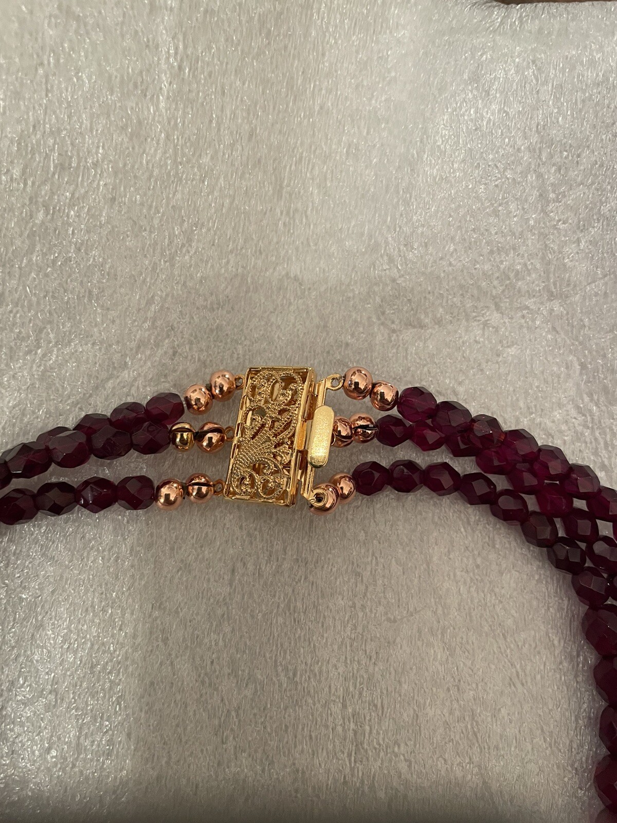 Retro Bordeaux Garnet Czech Fire Polished Faceted Crystal Bead 3-Strand Necklace