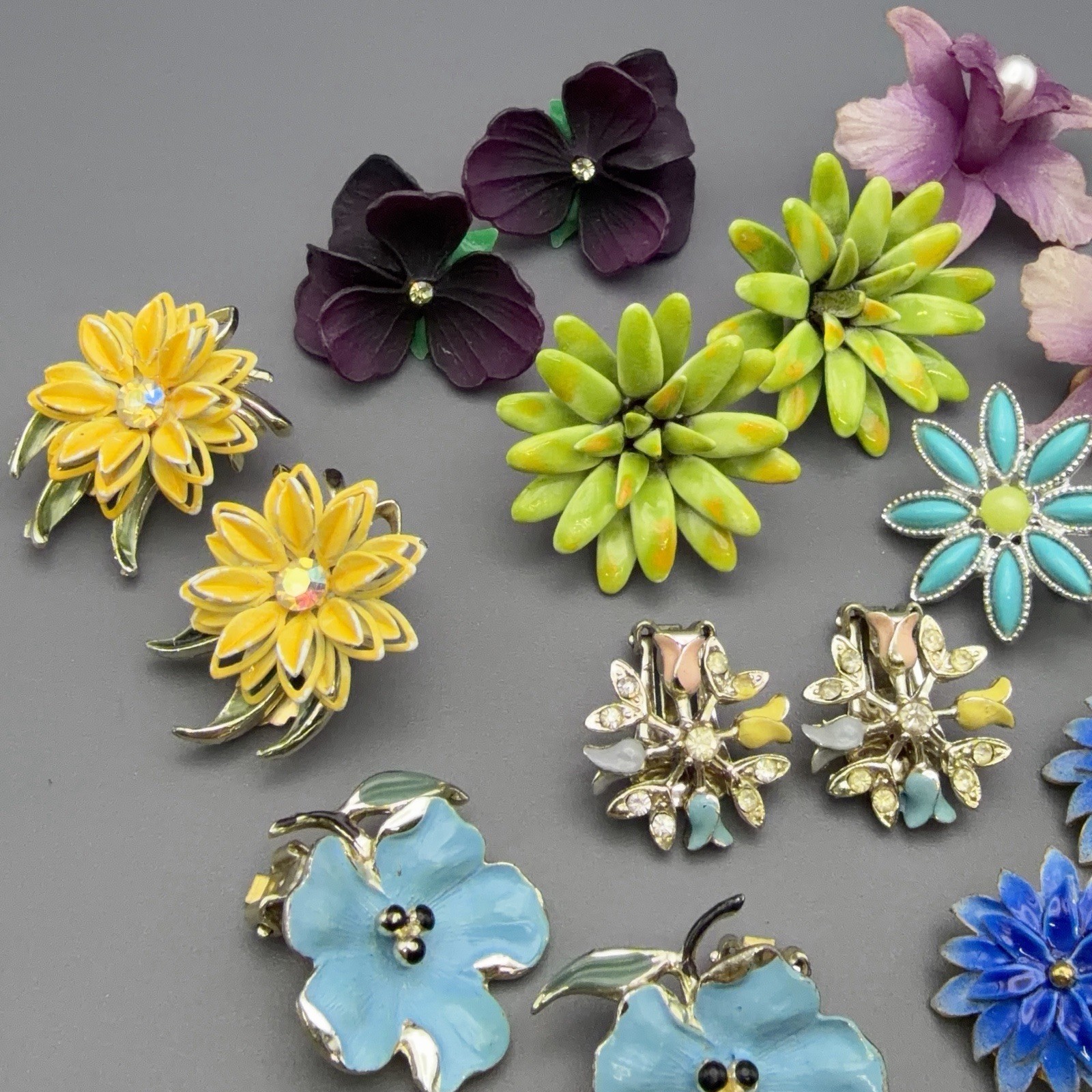 Vintage Flower Clip On Earrings Floral Lot Of 8 Orchid Pansies Tulip Multi Color