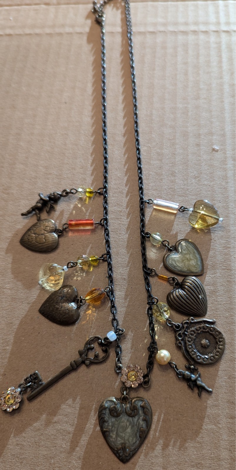 Vtg Glassworks Studio Necklace Hearts Cupid Key