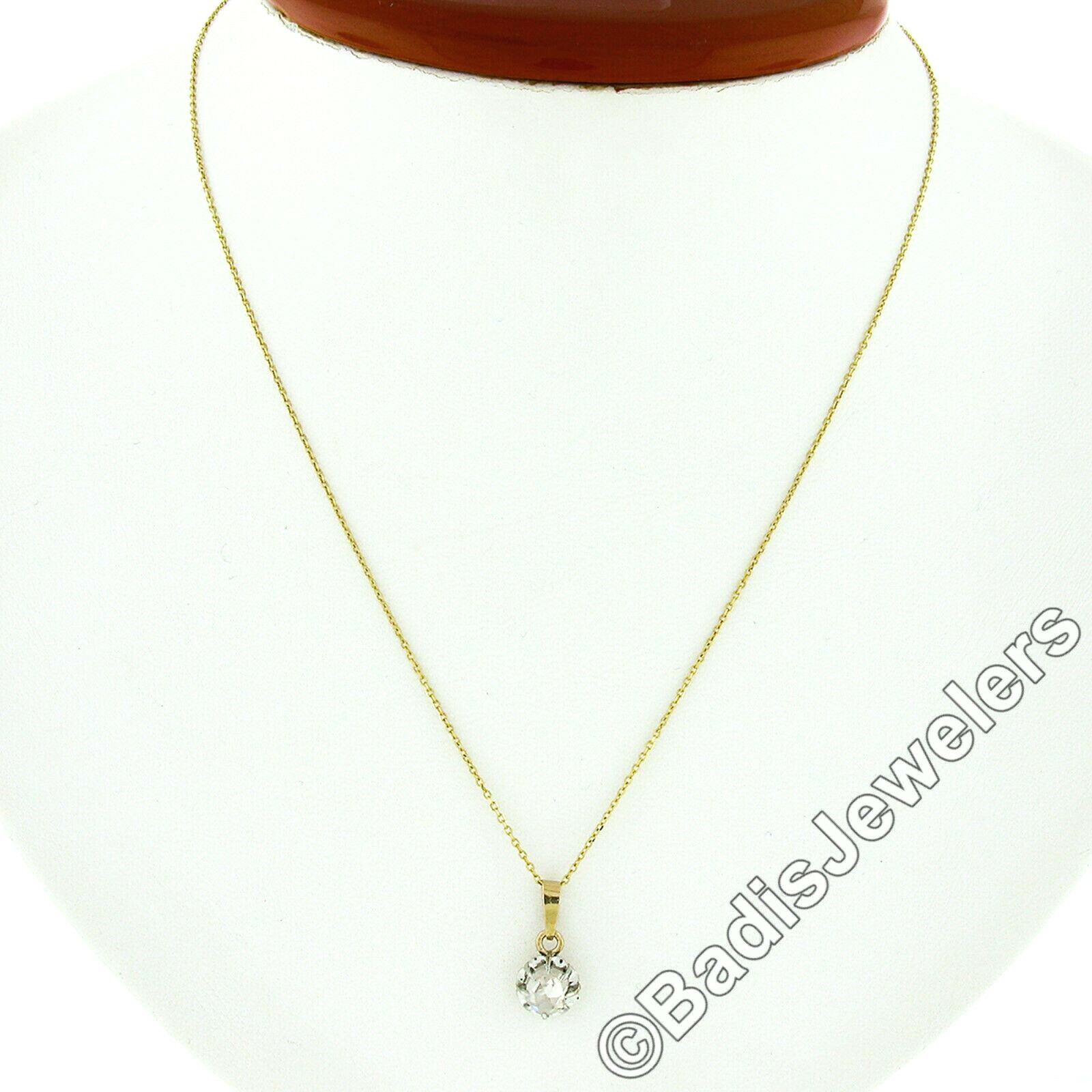 Antique 18k Gold Platinum 0.40ct Rose Cut Diamond Solitaire Pendant w/ 16″ Chain