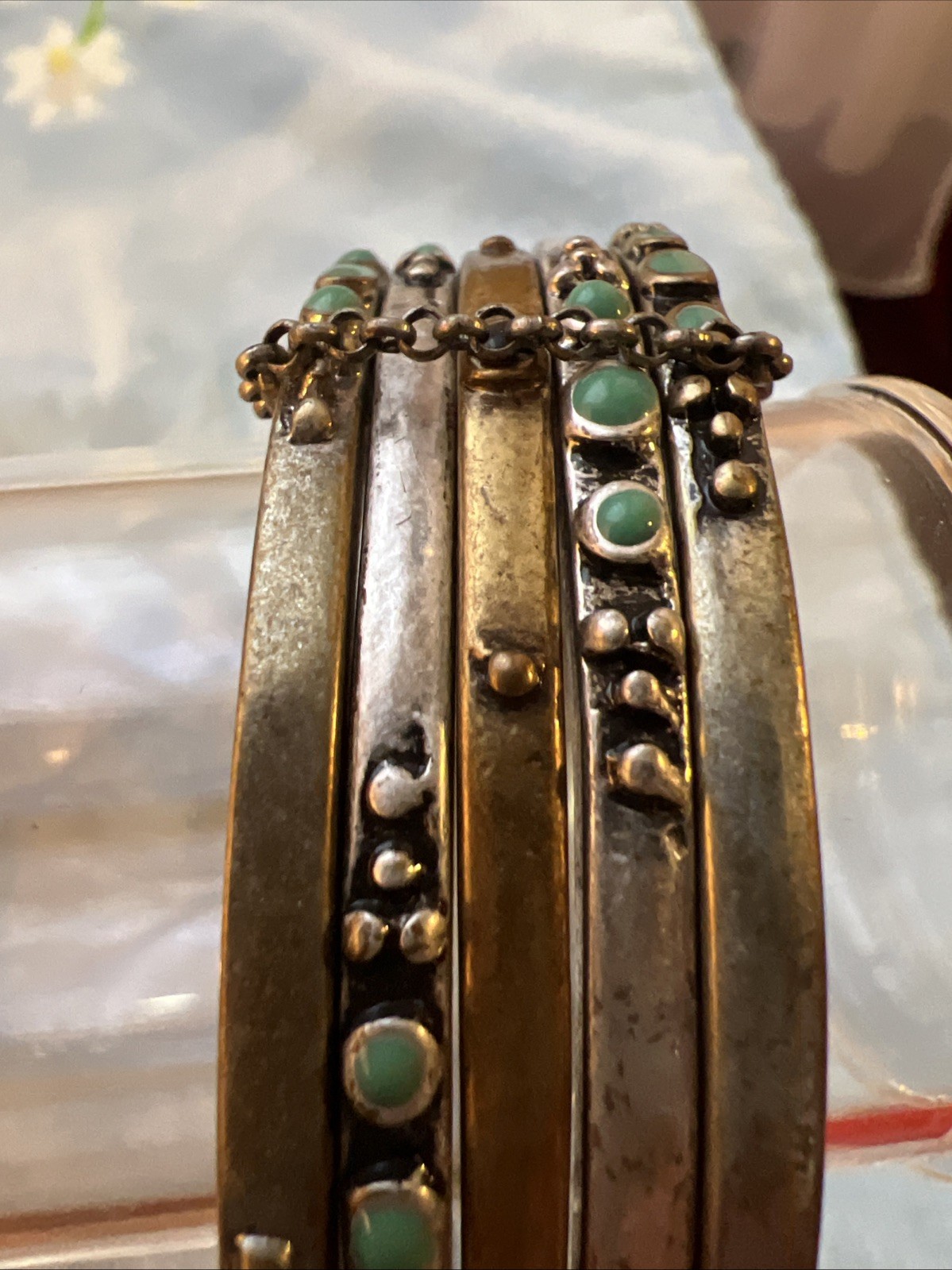 Vtg Brass Silver Tone 5 Stacking Southwest Turquoise Enamel Bangle Bracelet Lot