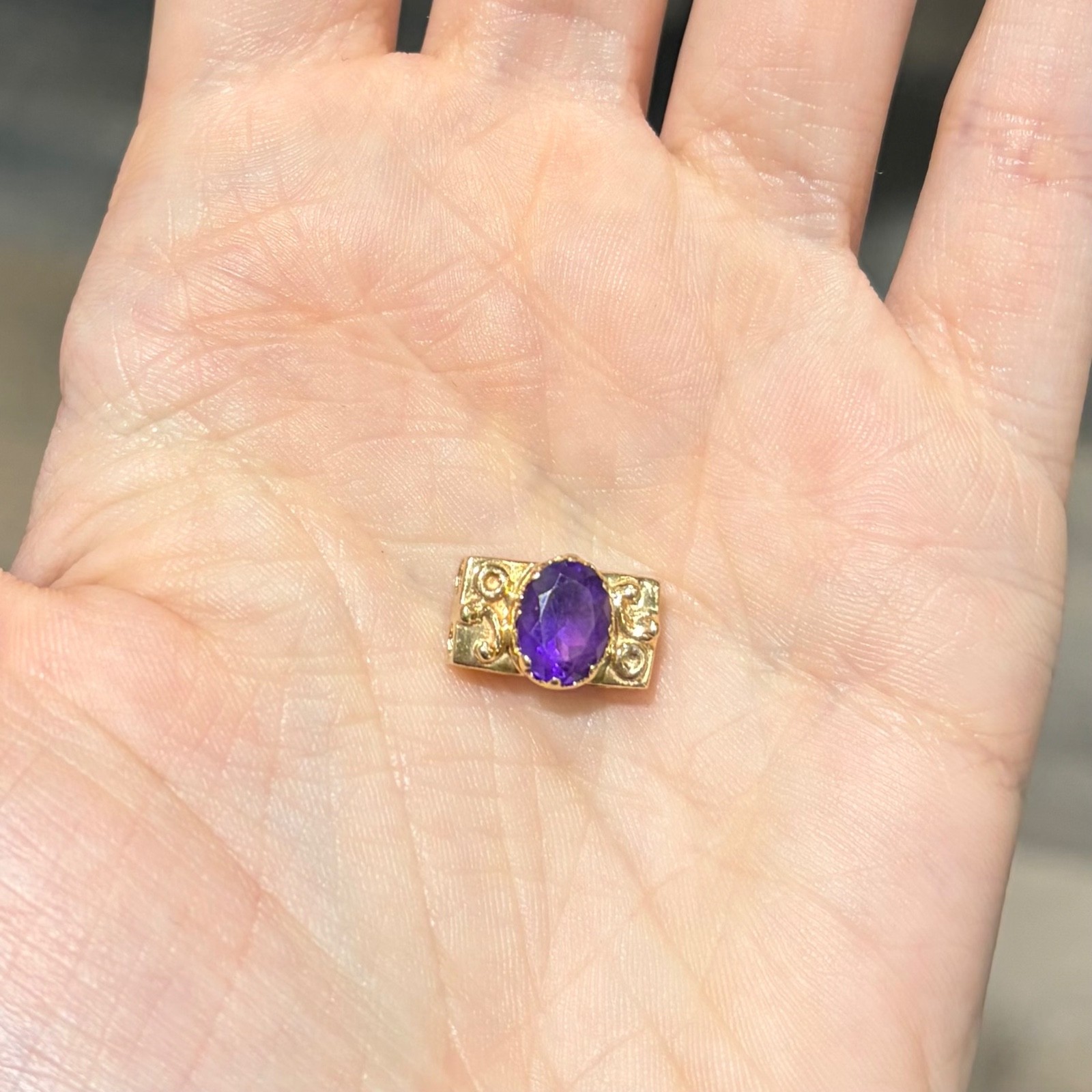 Solid 14k Gold Natural Amethyst Slide Bracelet Charm Vintage Designer JM