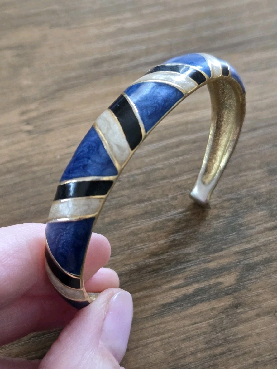 Vintage 1980s Orena Paris Cuff Bracelet Gold Tone W/Blue/Navy/Cream Enamel