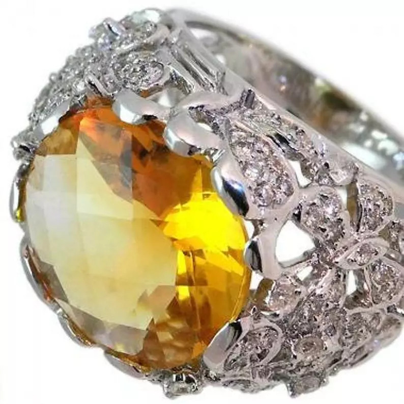 Large Honey Yellow 9.64ct Citrine With Flower Design White CZ Women’s Fine Ring