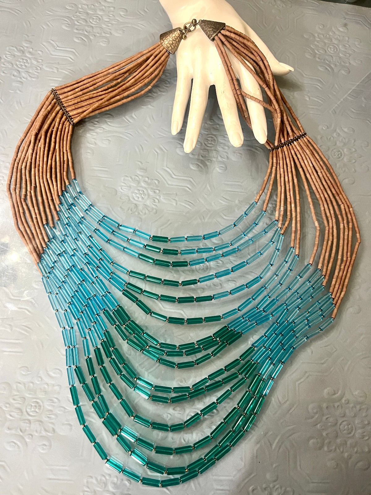 Huge 44″ Blue & Green Glass & Clay Bead 15 Strand Statement Necklace