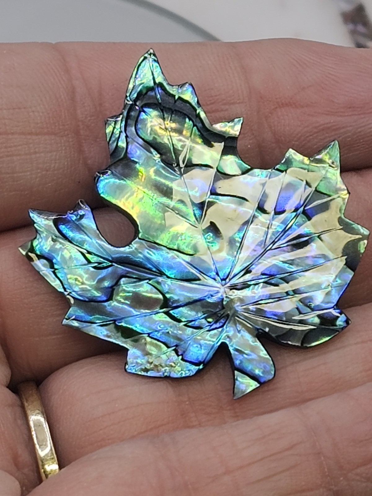 Vintage Abalone Shell Maple Leaf Brooch Iridescent Carved Shell Nature Pin