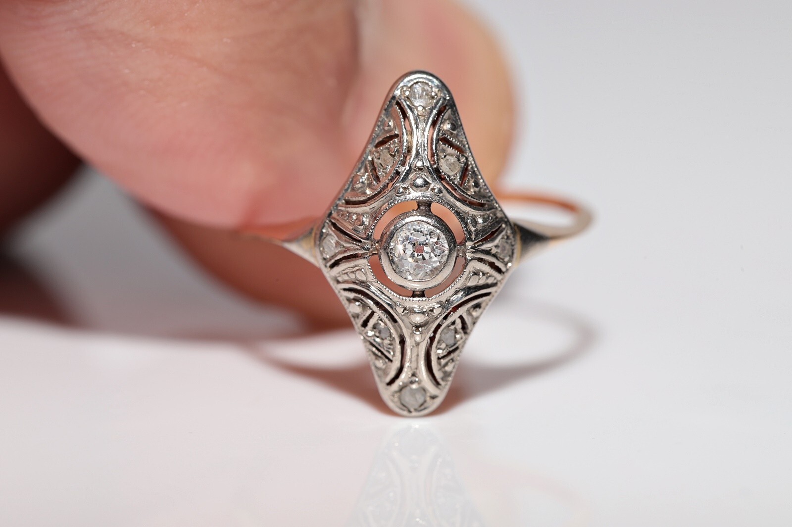 Antique Circa 1920s Art Deco 18k Gold Top Silver Natural Diamond Navette Ring