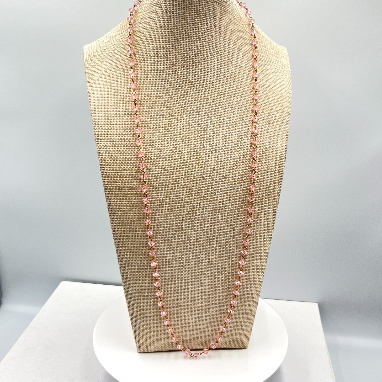 Vintage Y2K Pink Faceted Crystal Beaded Rosary Style Chain Necklace Gold Tone