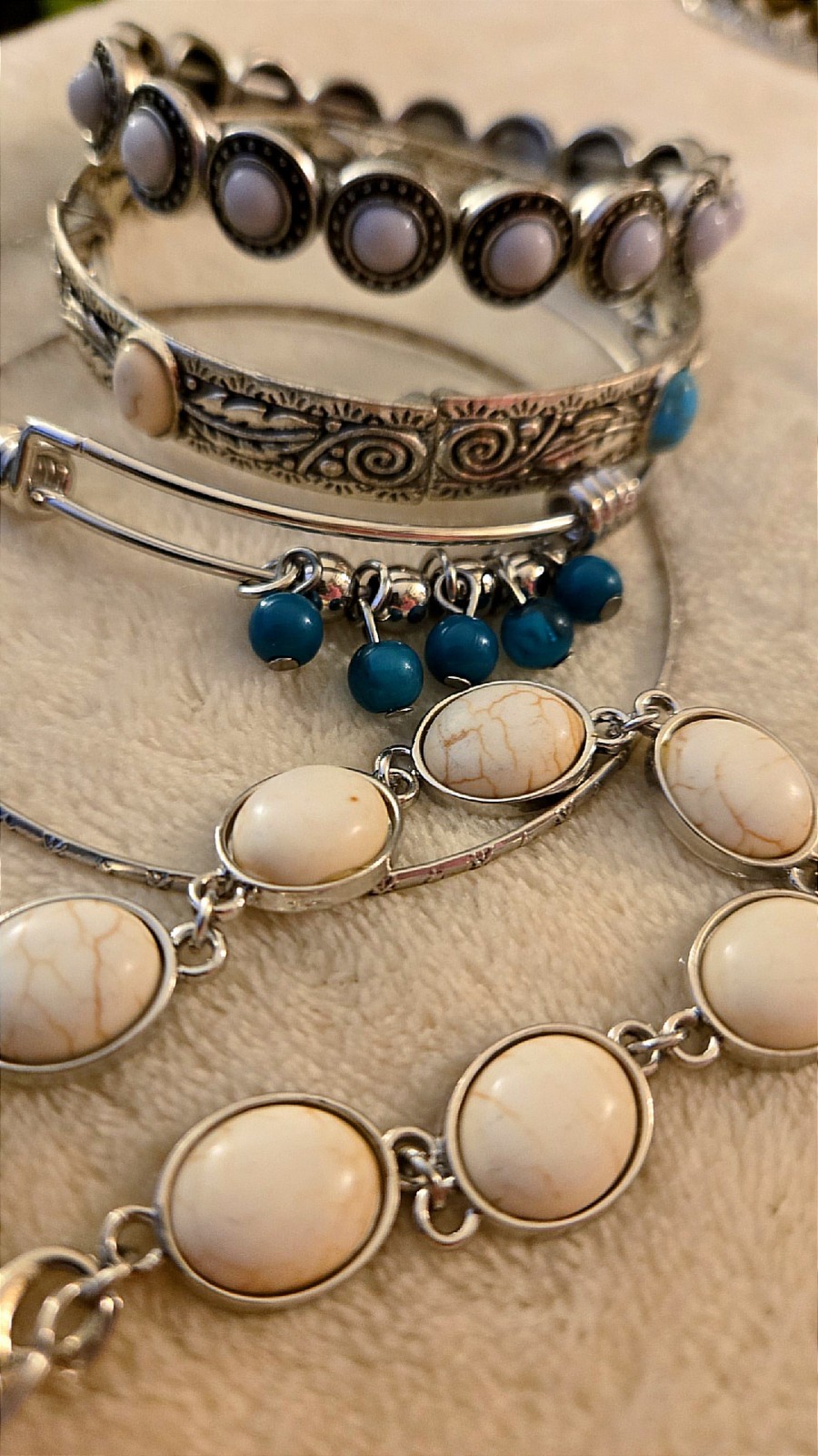 Lot Silver Tone Bracelets & Bangles with White, Turquoise Stones western boho
