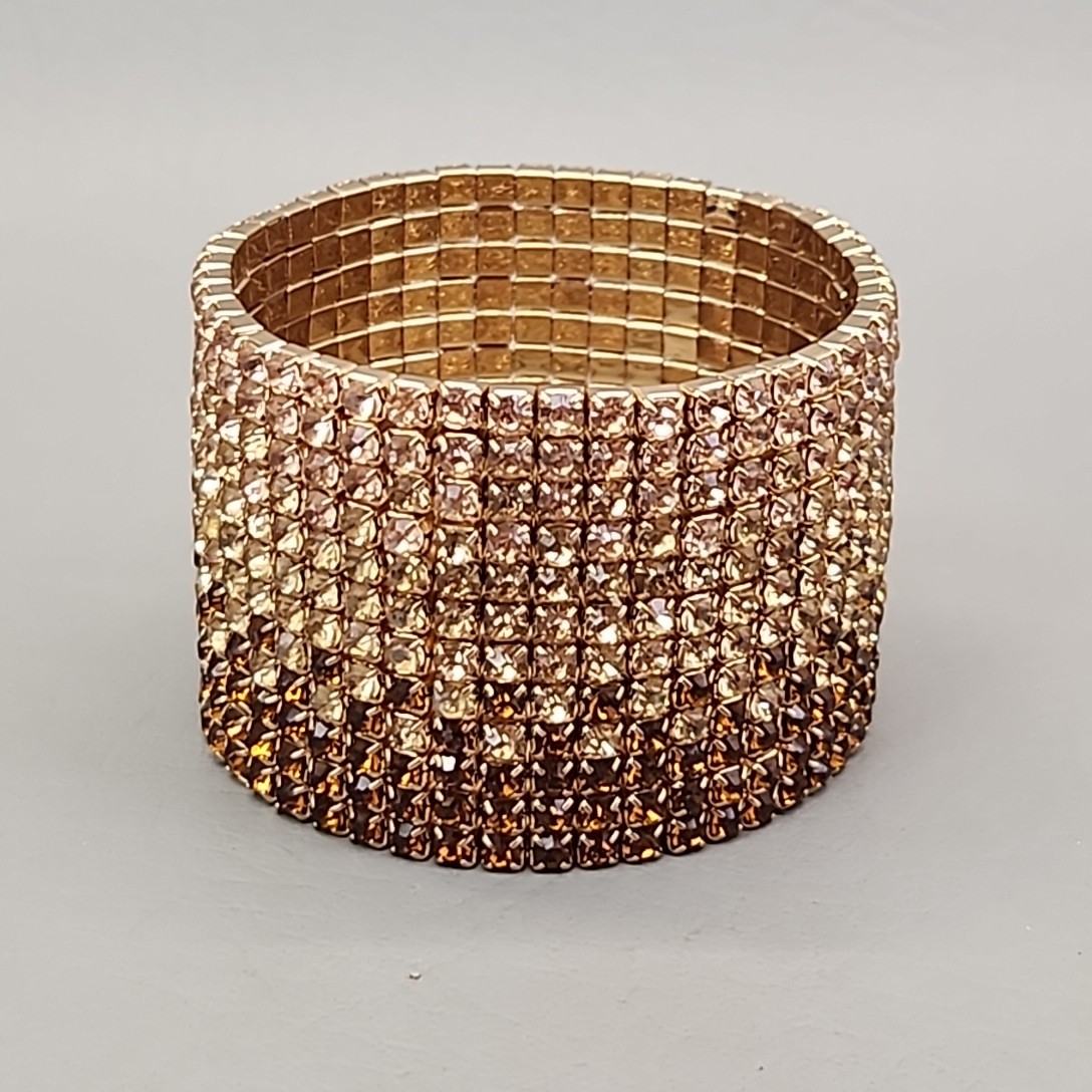 Wide Rhinestone Stretch Bracelet Ambre Peach to Brown 6.75″