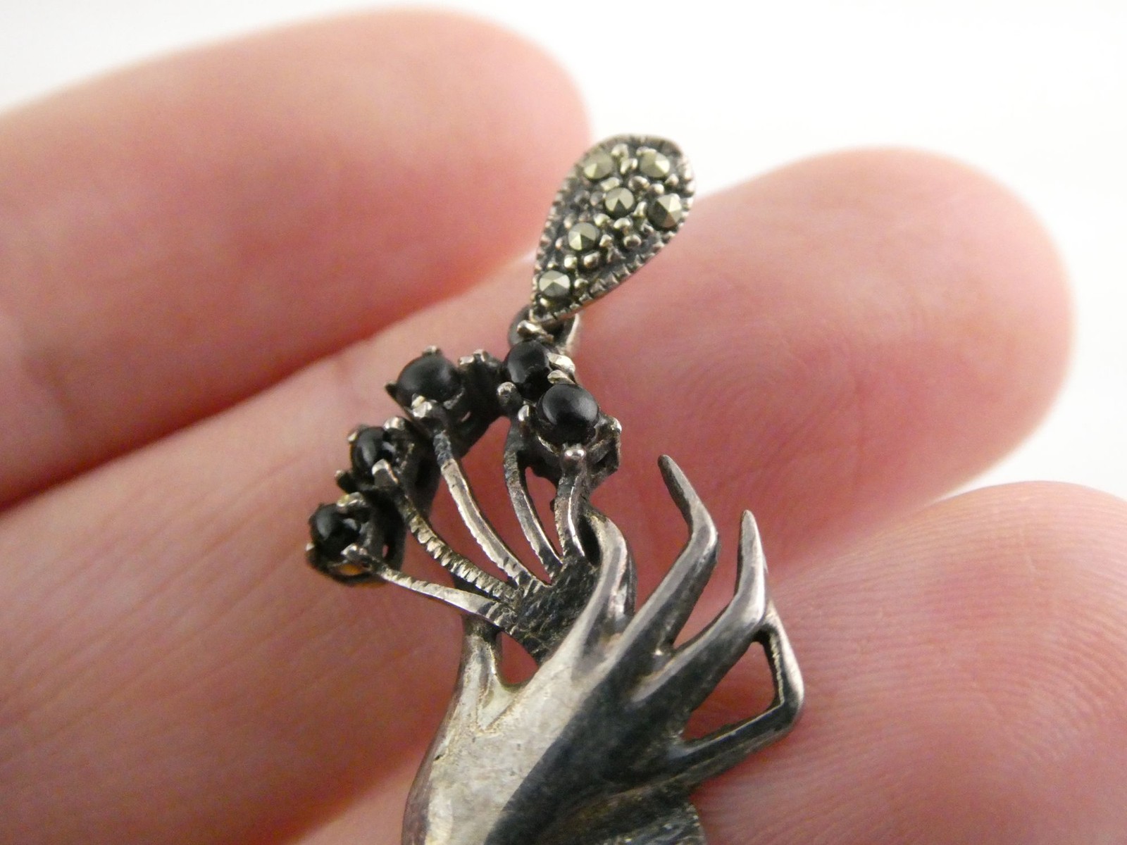 Marsala CW Sterling Silver Hand Holding Black Onyx Flowers Marcasite Pendant 2g