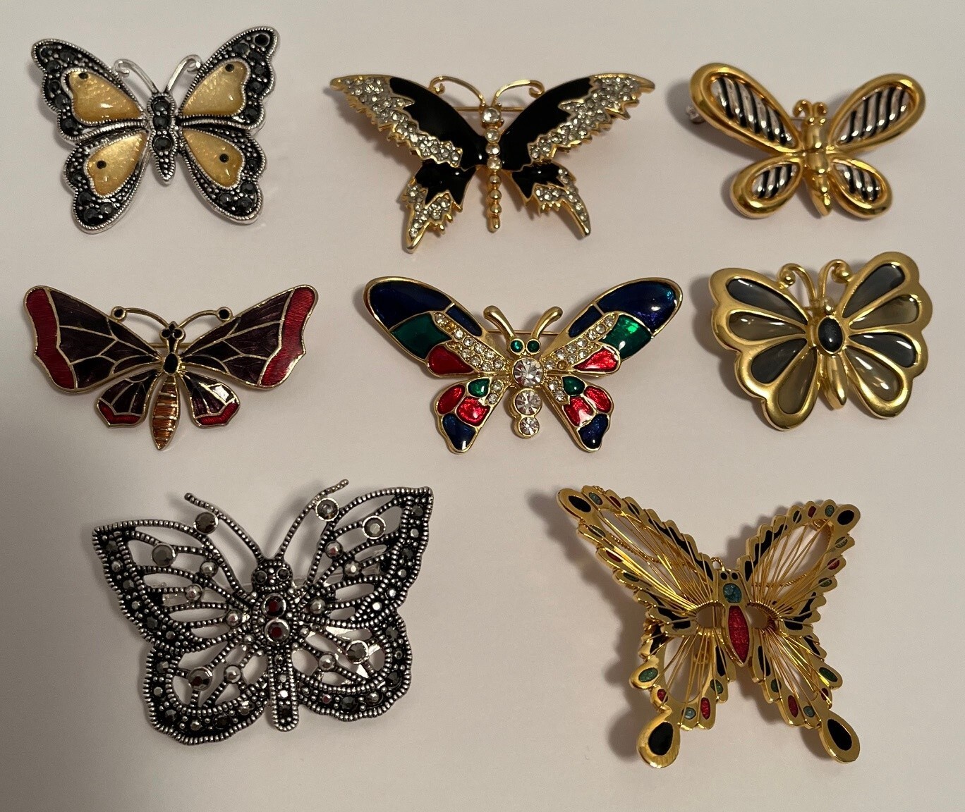 Butterfly Costume Jewelry Enamel Rhinestones Brooches Qty 8 Excellent