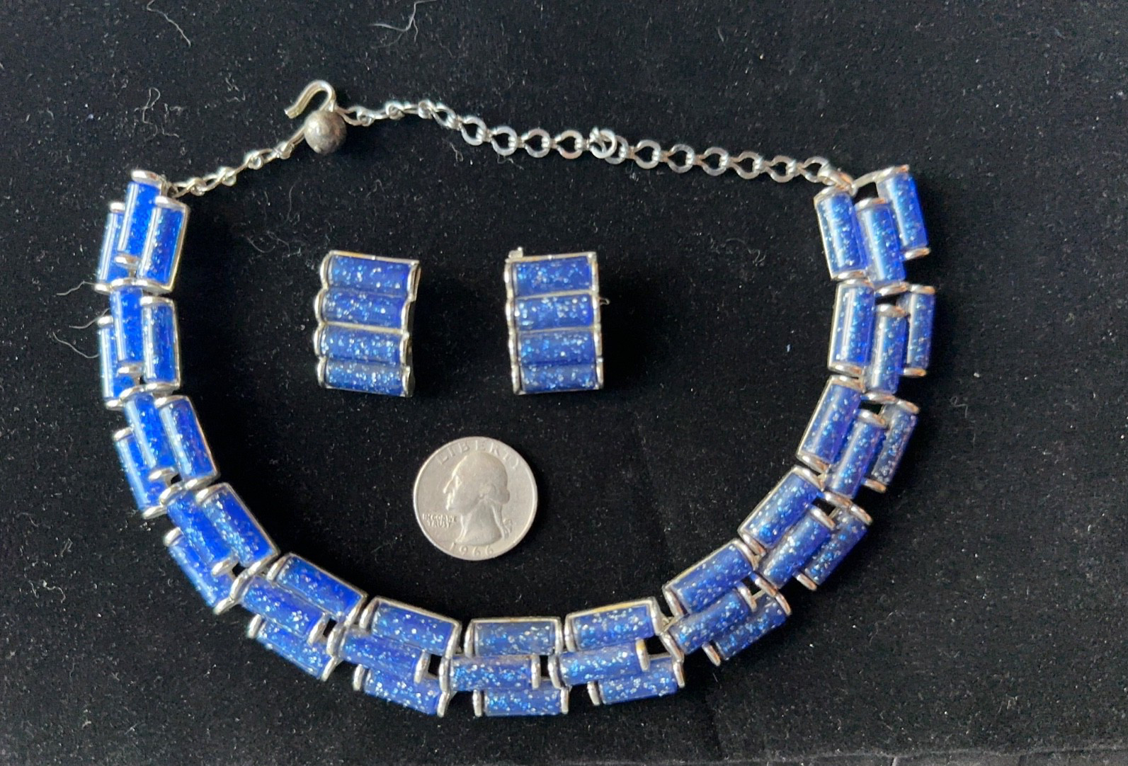 Vintage Signed Charel Blue Confetti Thermoset Lucite Necklace and Clip Earrings