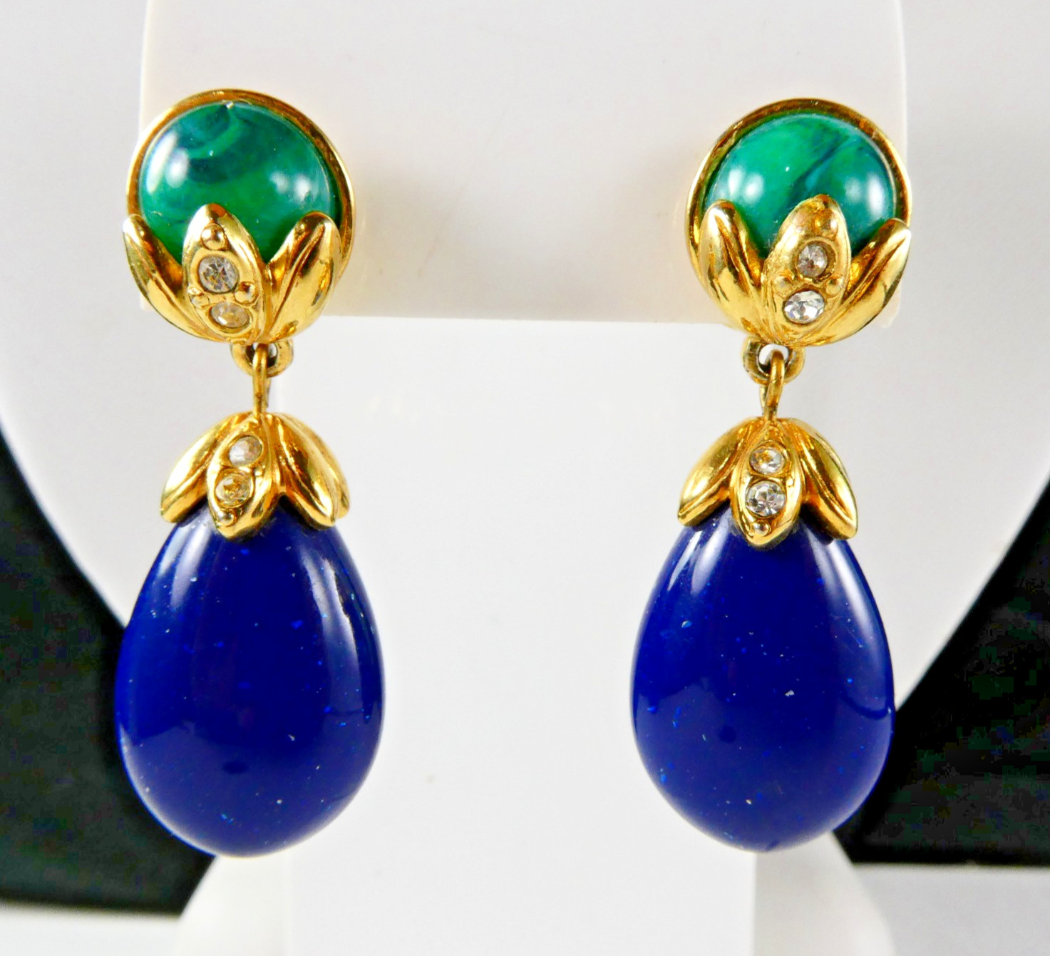 Lovely Vintage Blue & Green Teardrop Dangle Earrings Pierced Designer Quality