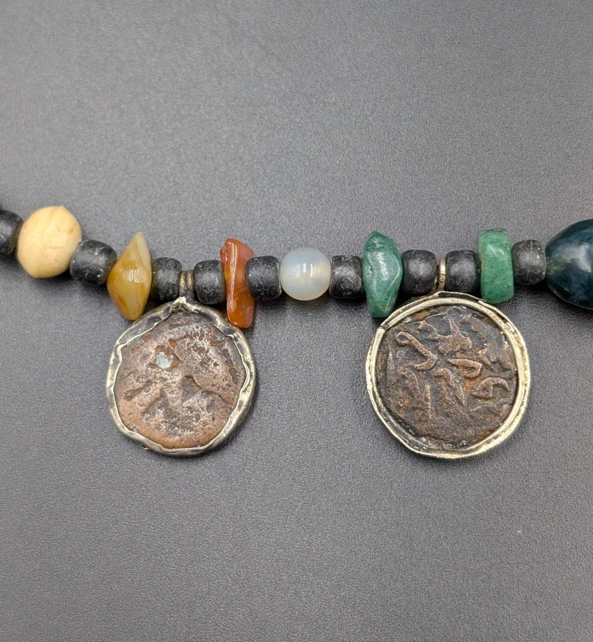 Vtg Ancient Silk Road Islam Mamluk Coin Stone Beads Sterling 925 Clasp Necklace