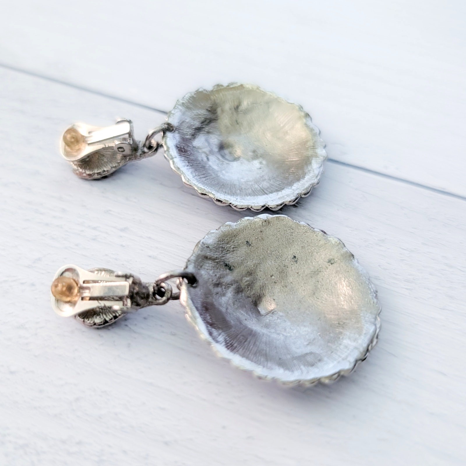 Vintage Clip On Earrings Very Large Silver with Orangey Red Accent Dangle