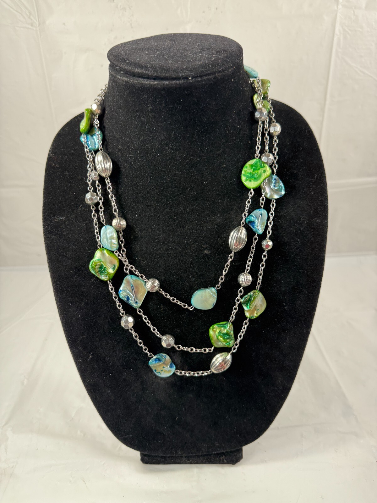 Abalone Shell Necklace Bracelet Earrings Set Pierced Vintage Blue Green 5 Pieces