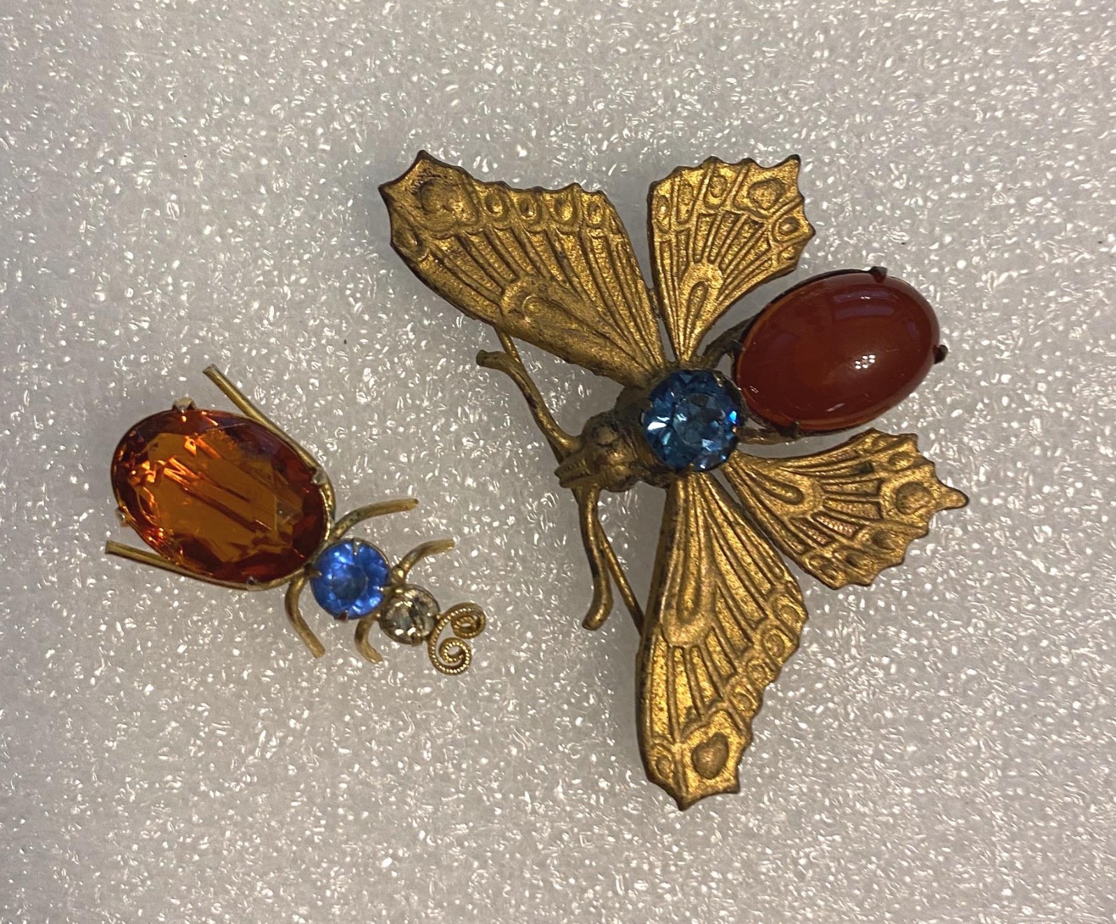 Antique Vintage Bug Pin Brooch Lot Butterfly Moth Blue Rhinestone Carnelian