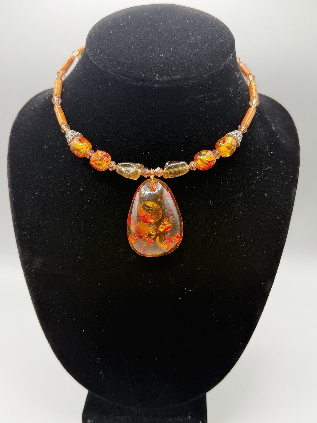 Vintage Amber Style Resin Pendant Necklace Beaded Statement Jewelry #999