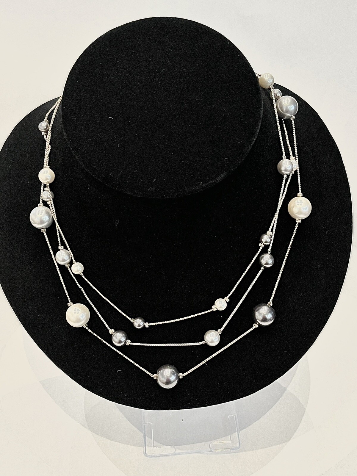RMN Silver Tone Faux Pearl And Gray Beaded Three Strand Necklace 20 in.