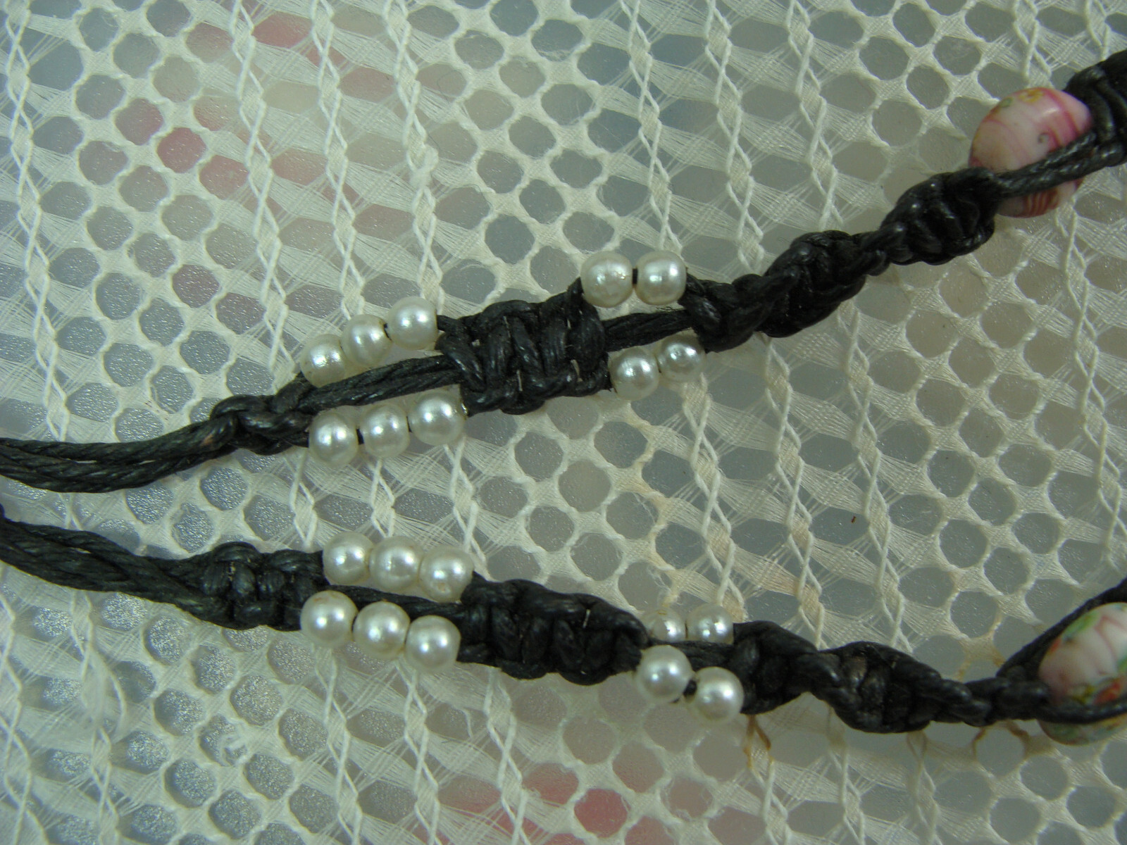 Vtg Millefiori Glass Bead Faux Pearl Hemp Macrame Bohemian Hippy Choker Necklace