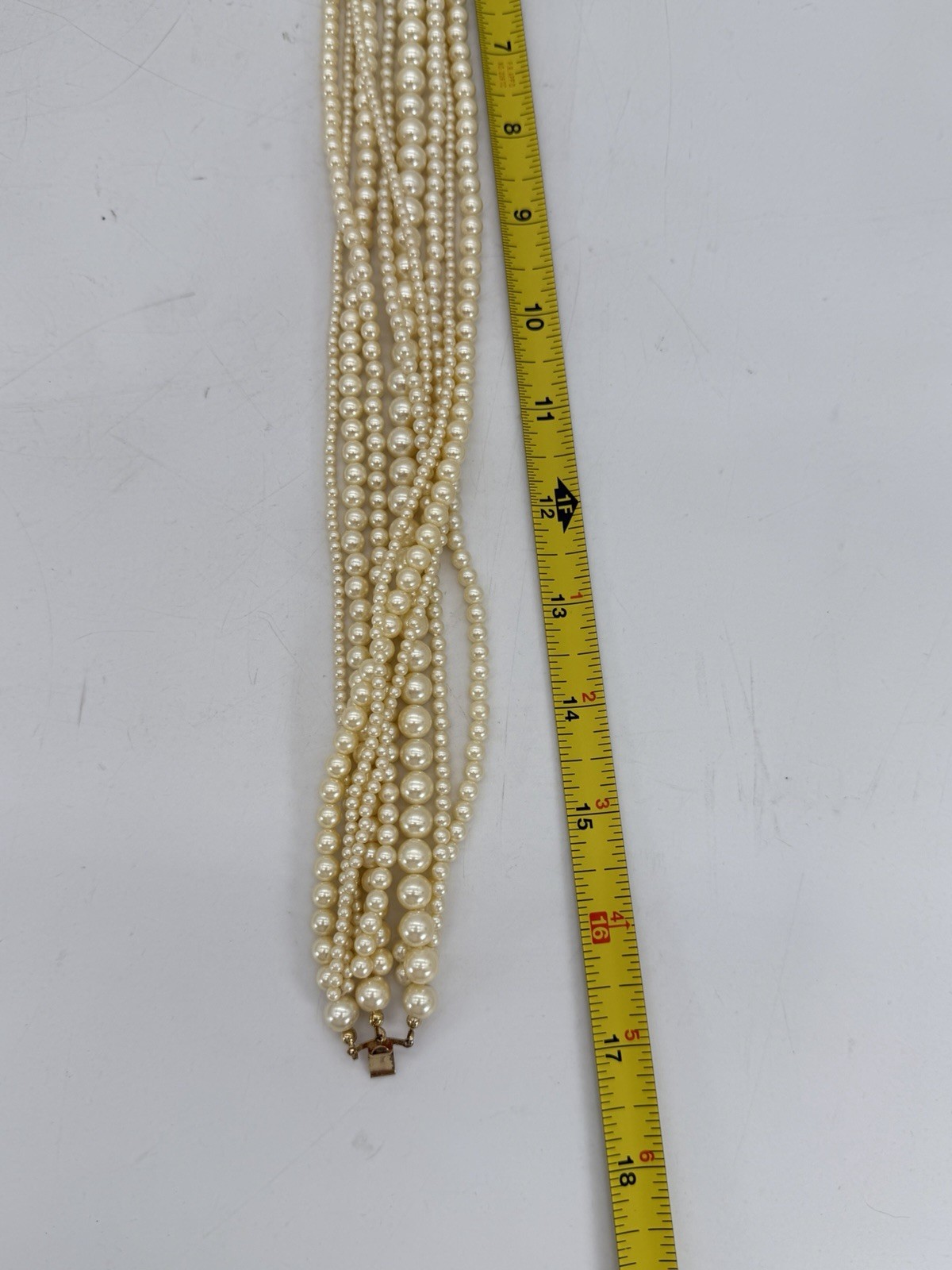 Vintage Carolee 9 Strand Off White Pearl 17” Gold Tone Clasp Necklace RARE