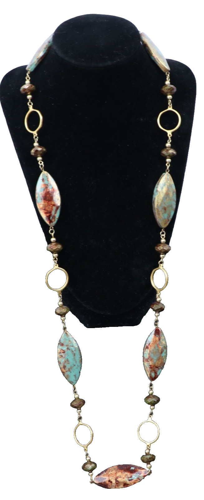 Boho Long Necklace Turquoise & Rust Marquise Beads Gold Tone Station Chain