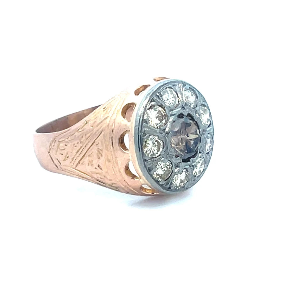 Diamond Gold Vintage Men’s Ring 17k Two Tone Champagne White 2.10ct Round Top