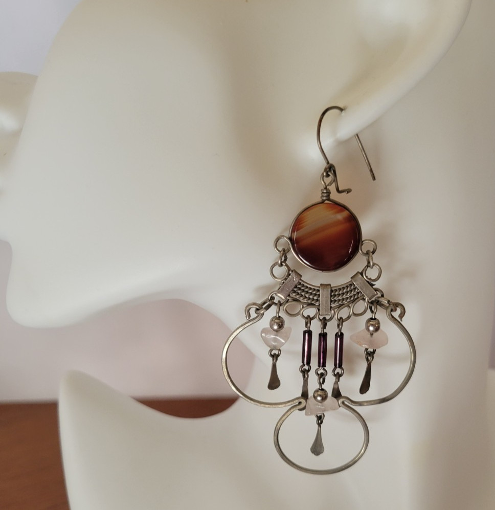 Vtg Chandelier Boho Dangling Pierced Earrings Metal Silver Tone Jewelry