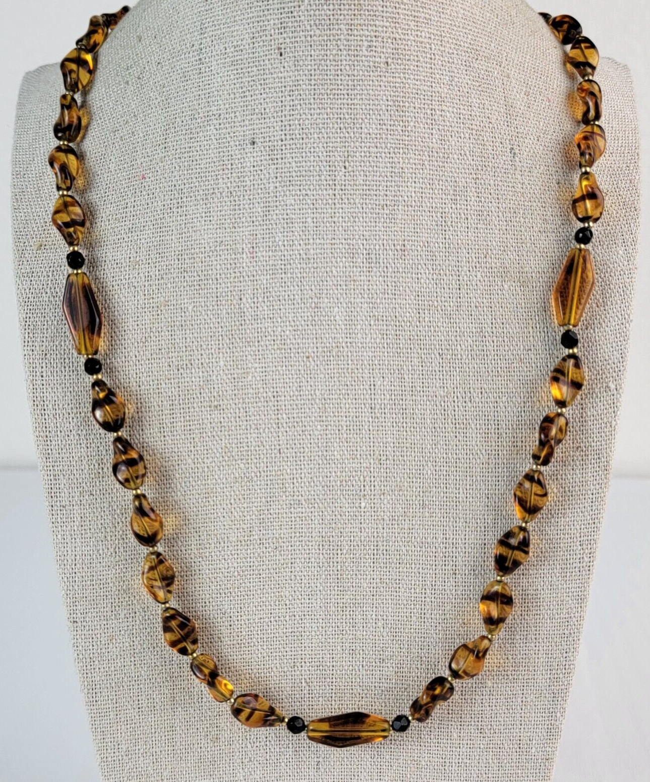 Vintage Faux Honey Amber Glass Beaded Necklace Gold Tone Fold Clasp 30 Inch