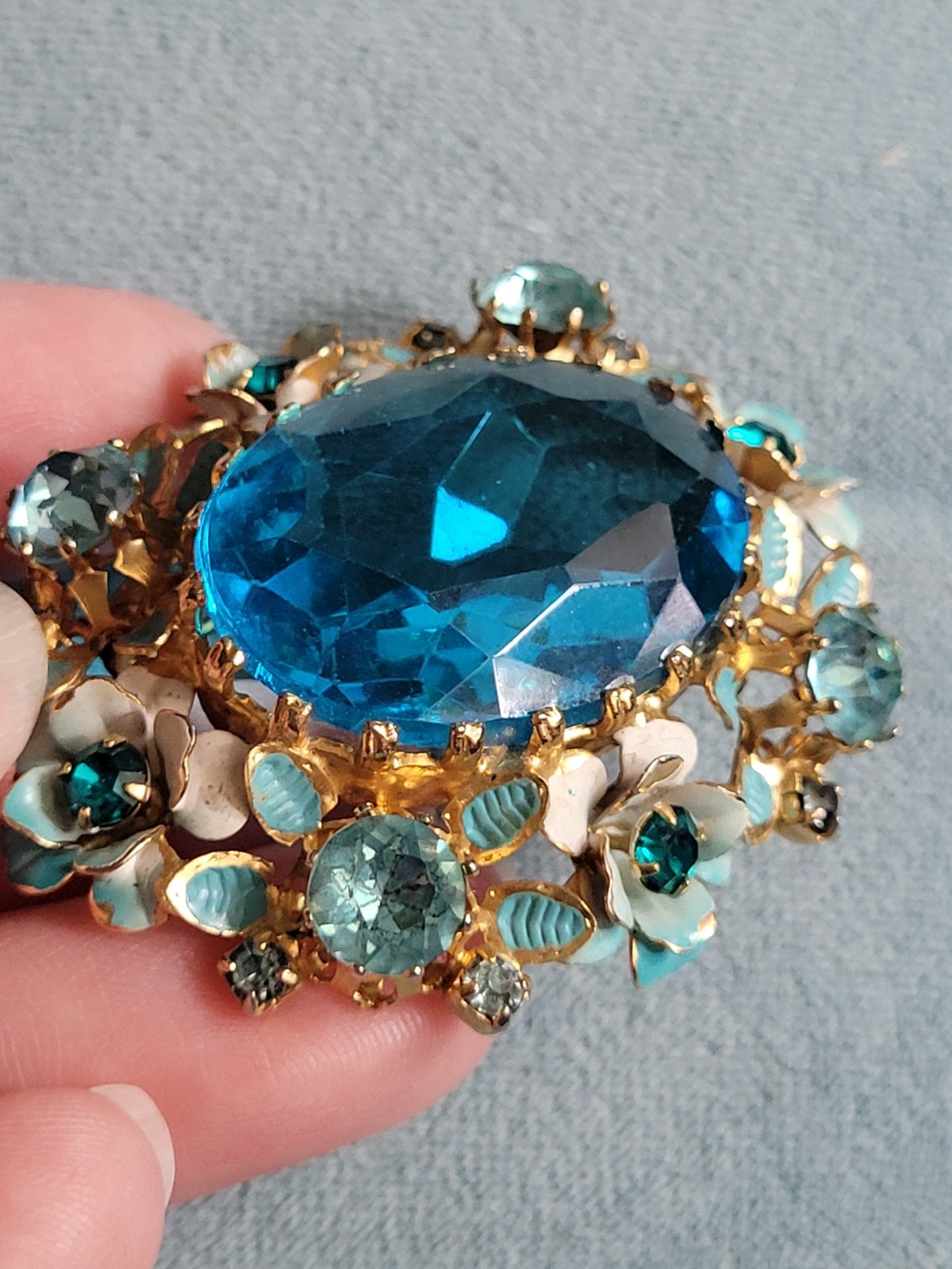 Vintage 1950’s Austrian Large Blue Crystal w Enamel Flowers Pendant Brooch