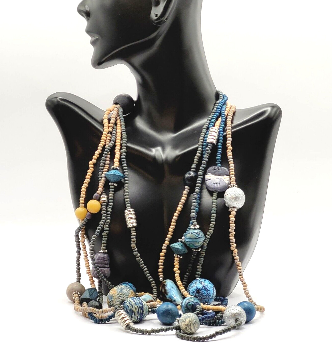 Peacock Blues Silver Tone Multi Strand Unique Bead Styles Vintage Necklace 24 In