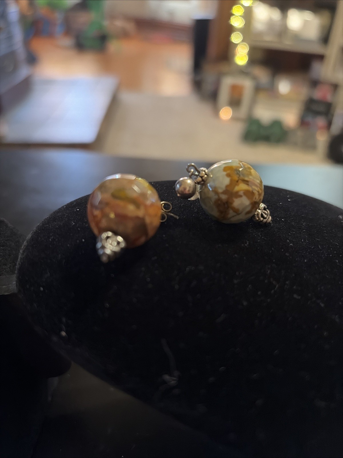 Fauceted petrified wood earth tone beaded pierced ,sterling posts and accents