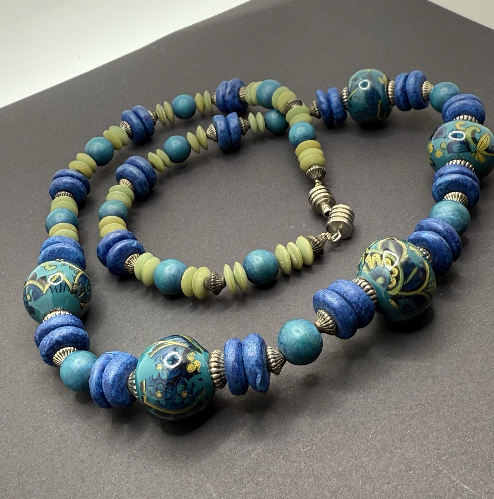 Vintage Beaded Necklace Teal Blue Ceramic Wood Barrel Closure 28” Handcrafted