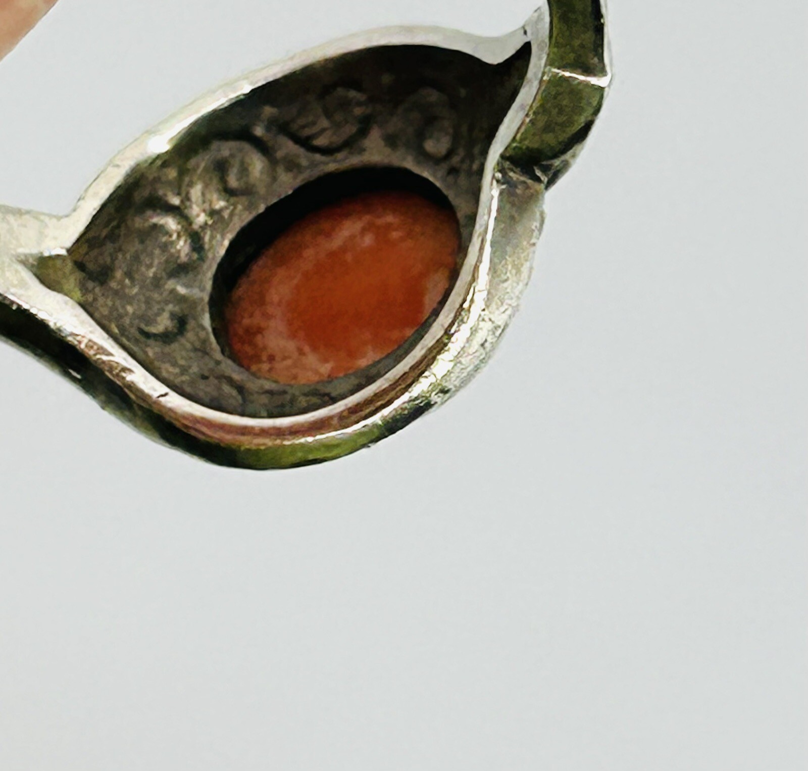 Vintage Sterling Silver Cabochon Coral & Marcasite Ring Sz 5.5