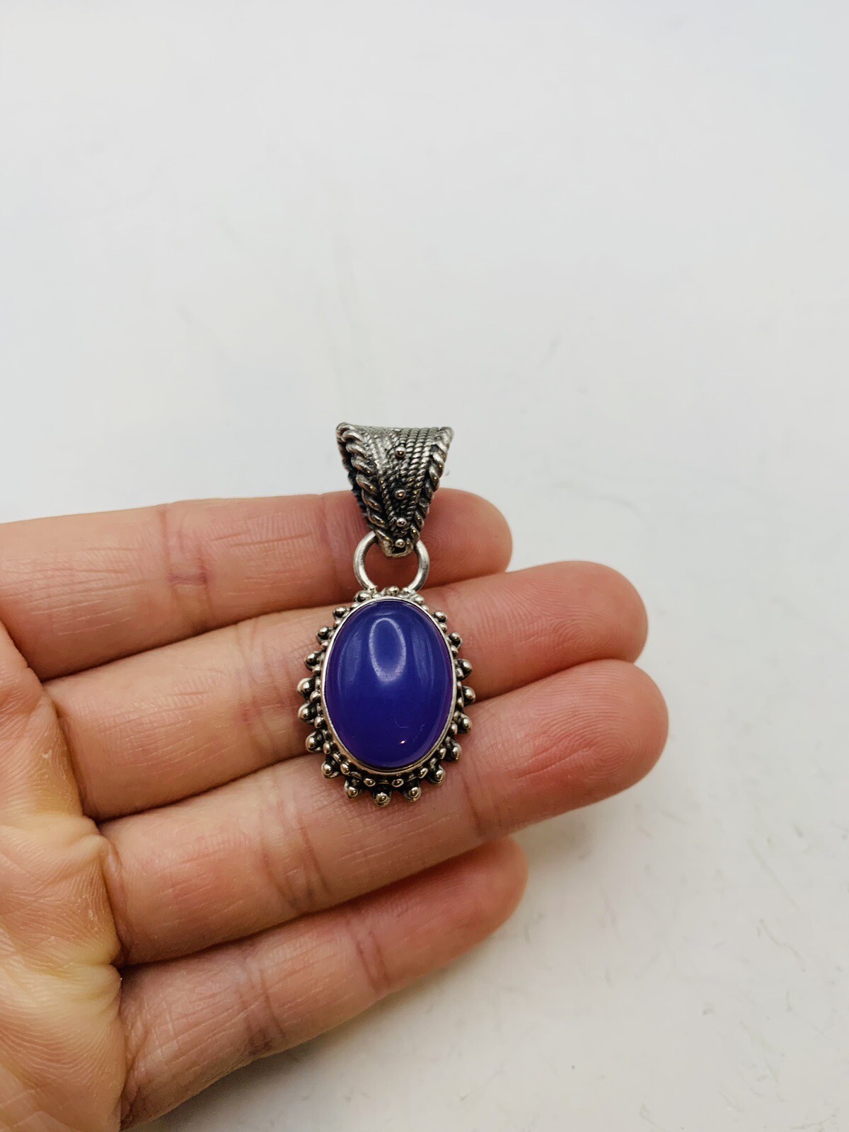 Vintage Sterling Silver Bohemian Purple Blue Oval Dainty Natural Stone Pendant