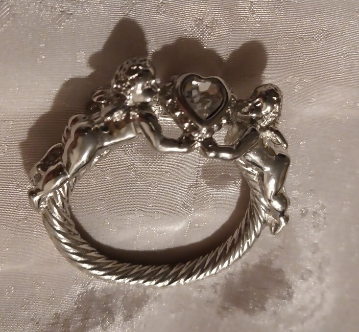 Vintage Kirks Folly Cherub Heart Brooch Silvertone Signed Estate Costume Jewelry
