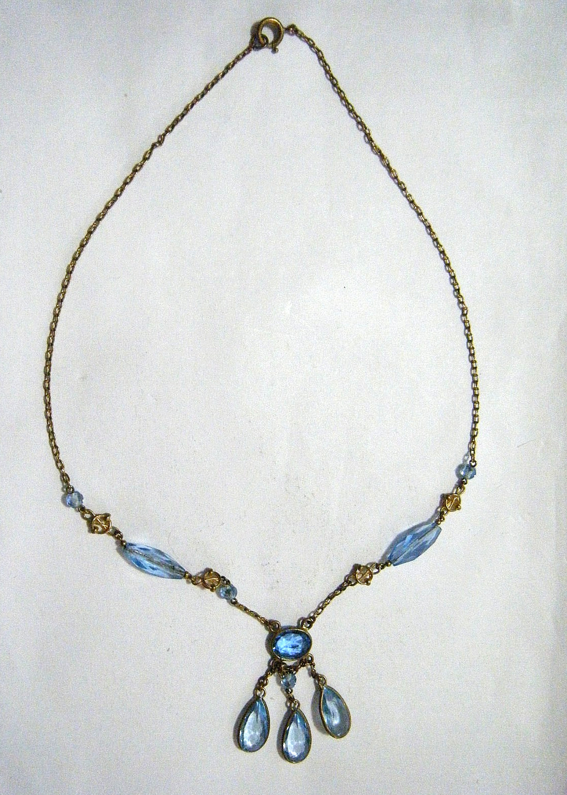 17″ Vintage 40s Czech Aqua Blue Crystal Gold Tone Festoon Lavalier Necklace