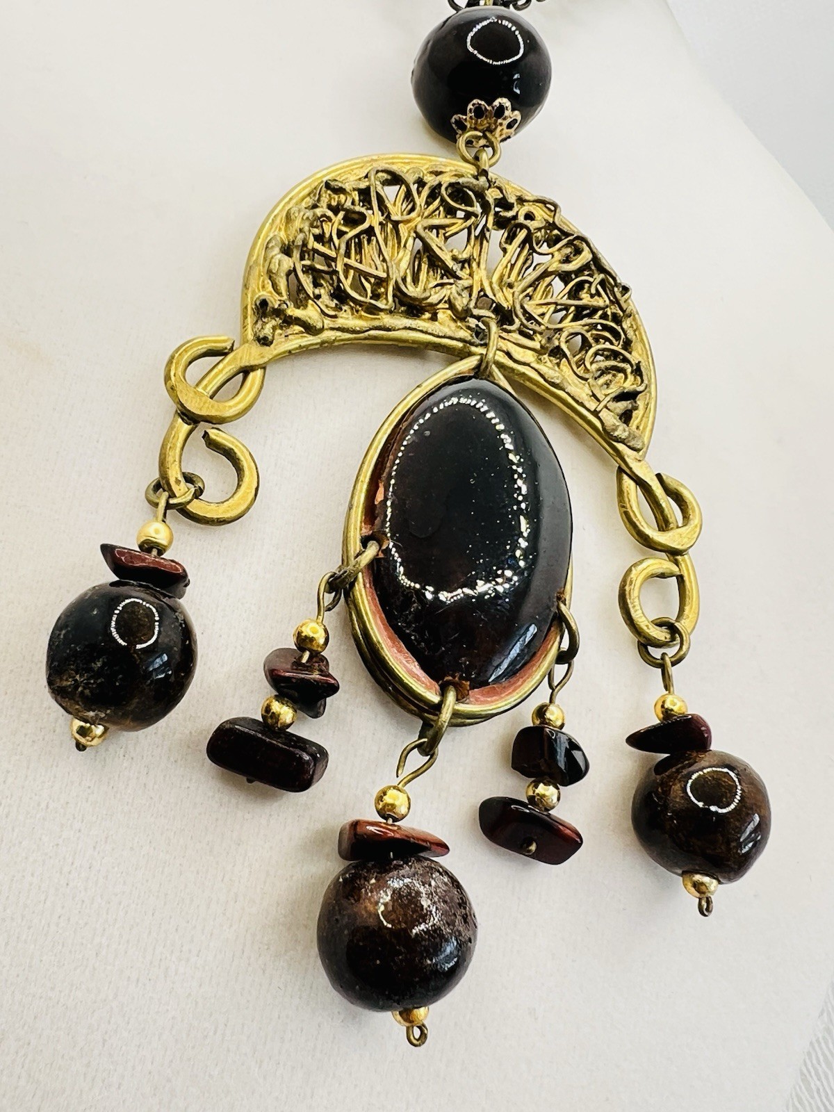 Vintage Brutalist Mixed Metals Necklace Handmade 70s Brass Copper Glass Beads