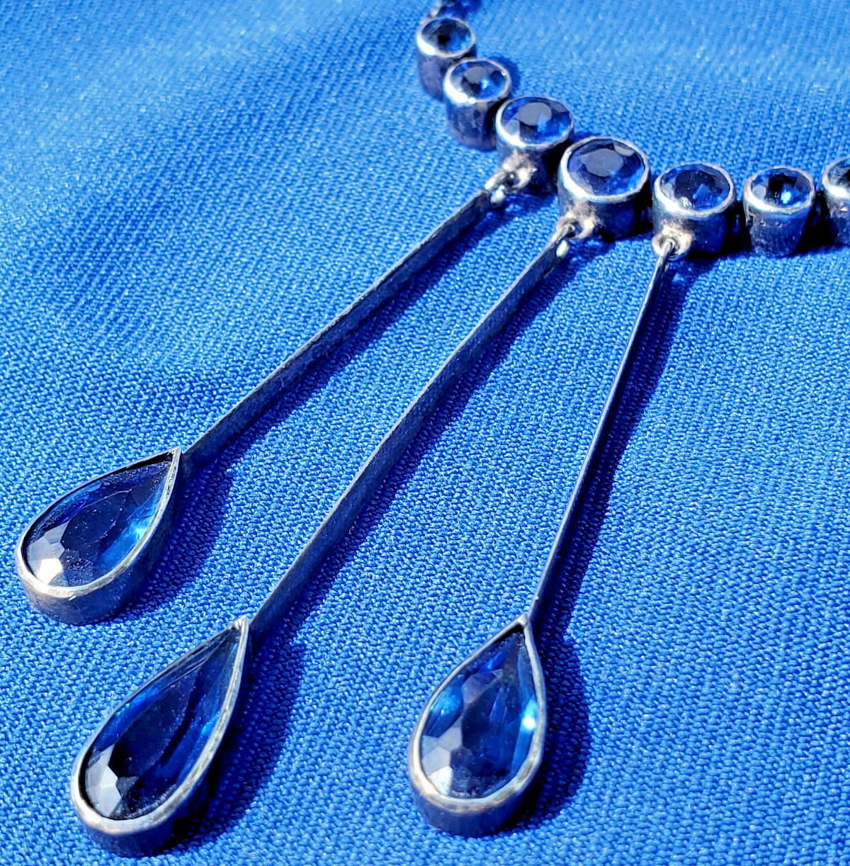Original STERLING SILVER 925 Deco Modernist Rare Necklace Vintage Sapphire Paste